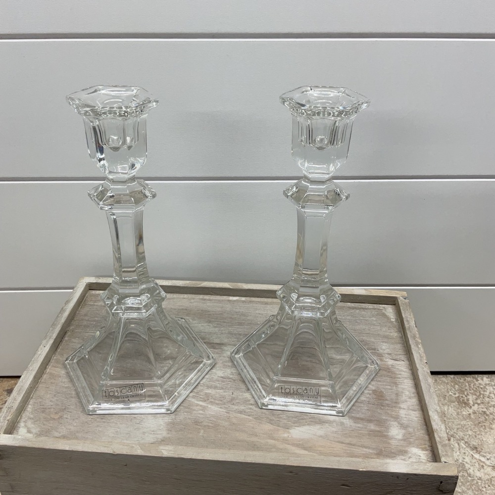 Toscany Lead Crystal Candlestick Set Hexagon Base 8.5 Inch Made in USA Clear